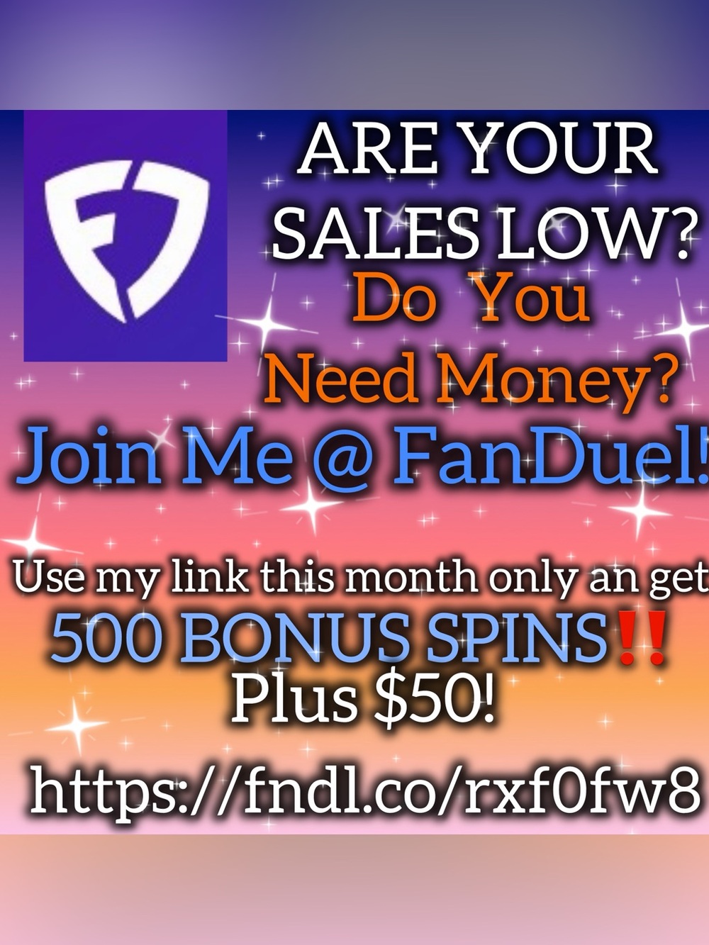 Are your sales low? Get 500 BONUS SPINS FREE‼️ PLUS $50‼️‼️